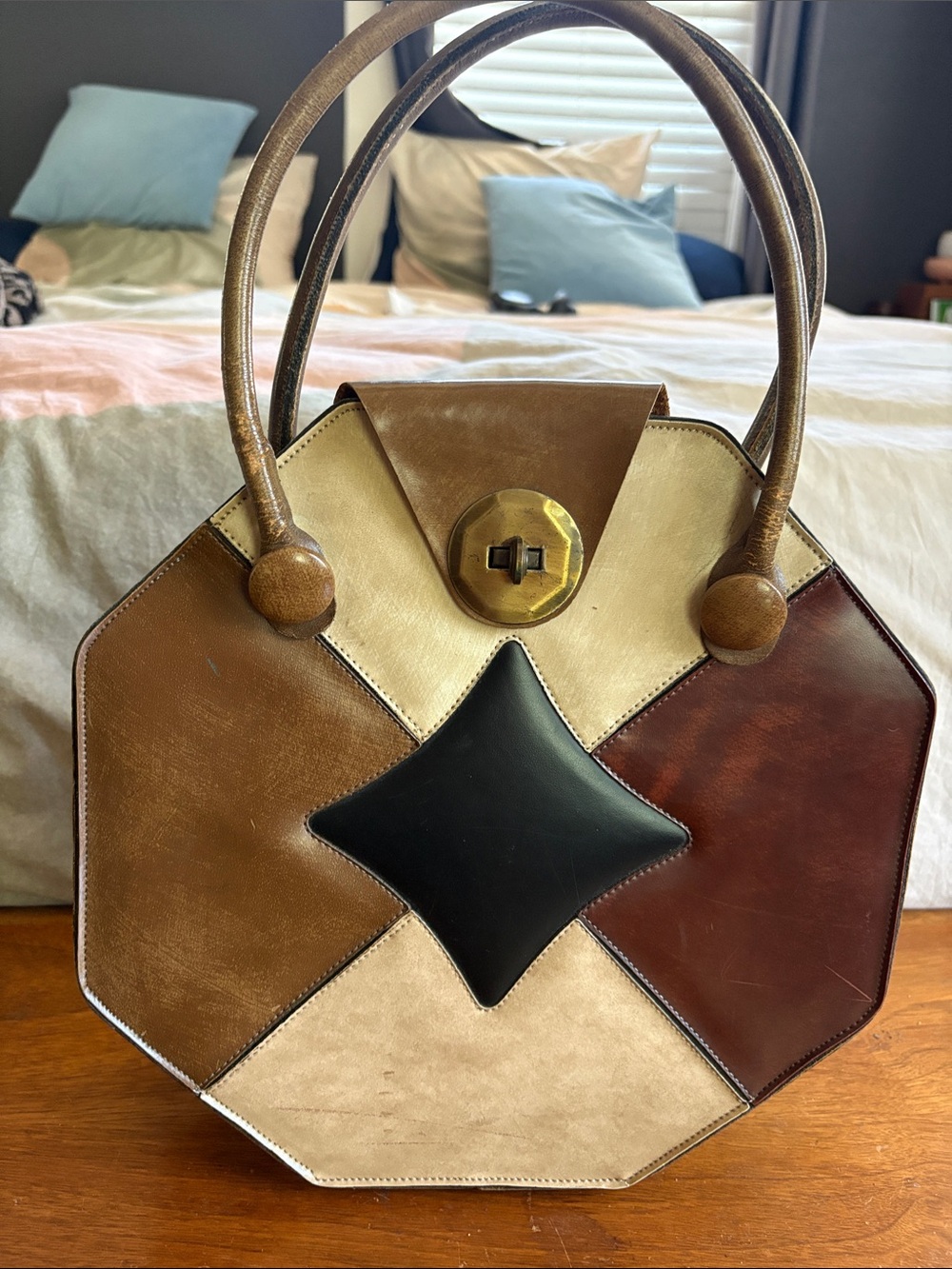 Women's Vintage Geometric Patchwork Top-Handle Bag in Brown, Black & Cream